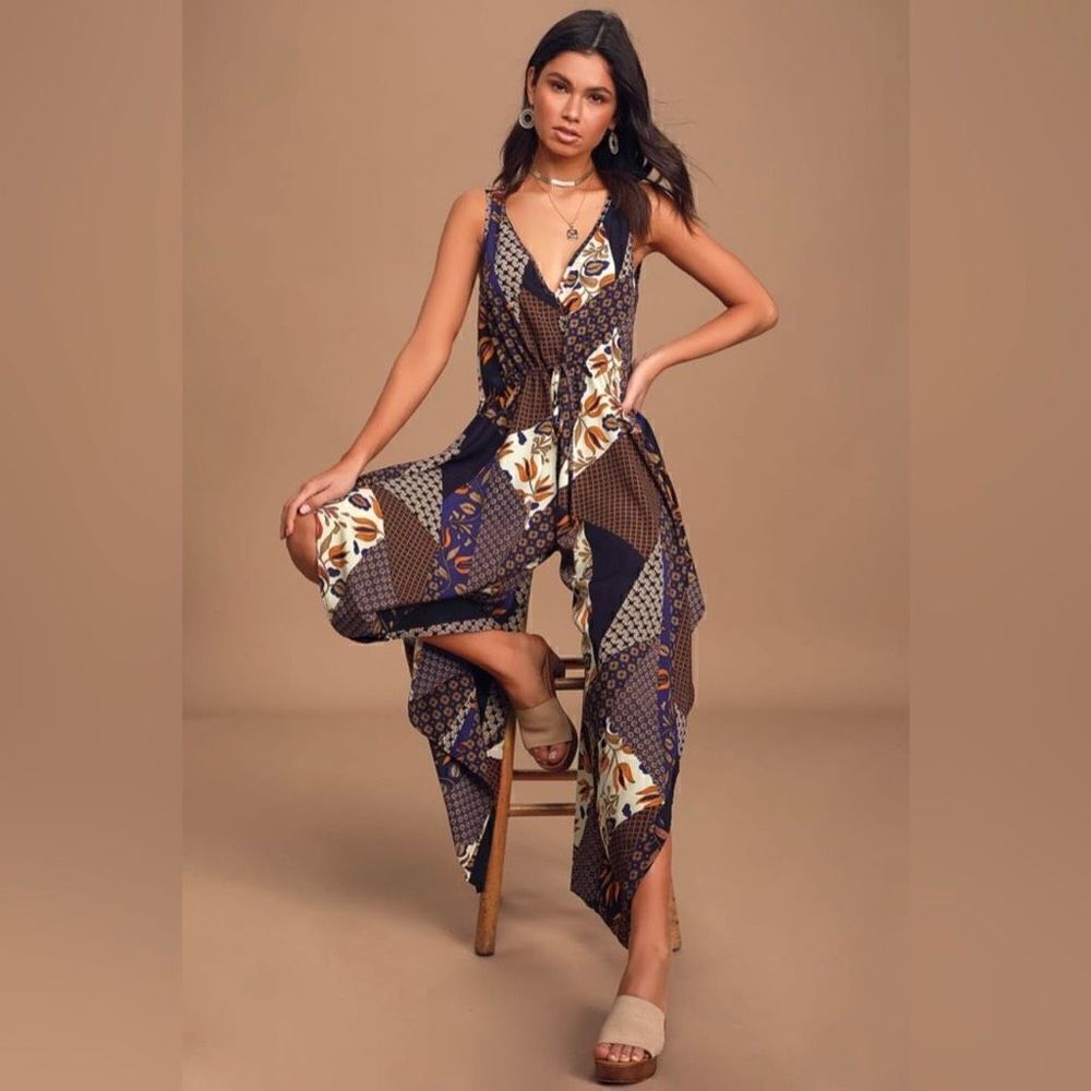 Lulus Bon Voyage Navy Blue Mixed Print Wide Leg Jumpsuit Women XS EBD70517